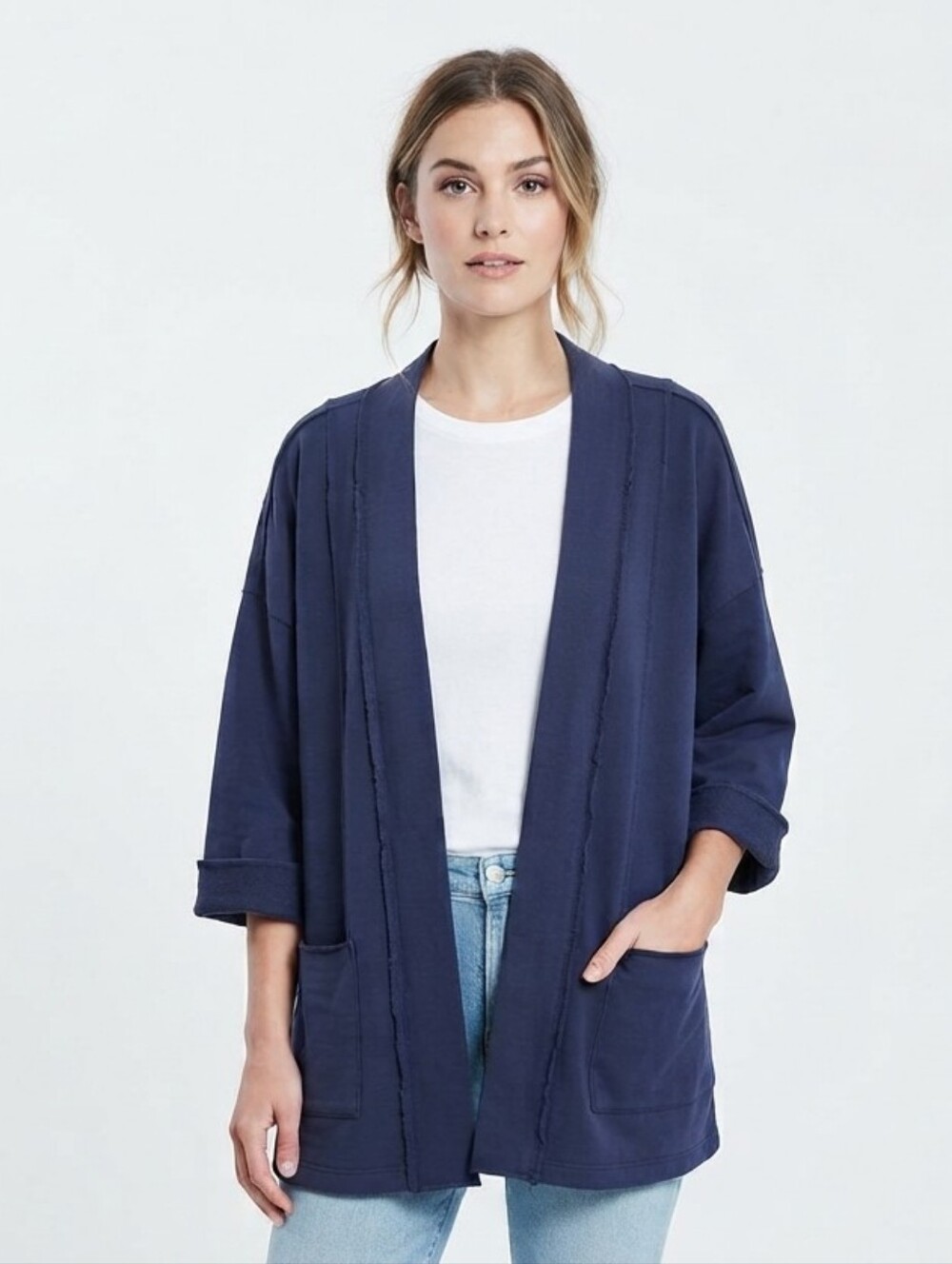 WEARABLES By XCVI Relaxed Fit Drop Shoulder Open Front Cardigan In Navy Size XS